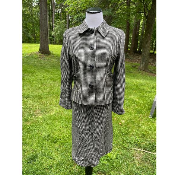 VTG Women's 2 Piece Skirt Suit Black & White Houndstooth 100% Wool Made In USA - Picture 1 of 16